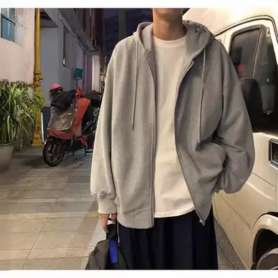 Men's Grey Hooded Hoodie Jacket All Season Loose Fit