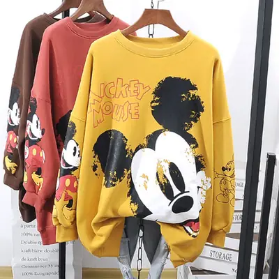 Women Hoodless Plush Sweatshirt Mickey Mouse Brown Winter 2025