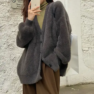 Women V Neck Knitted Mink Velvet Cardigan Jacket Black