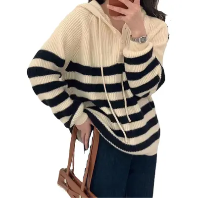 Women Striped Hooded Sweater Spring Autumn Slim Fit