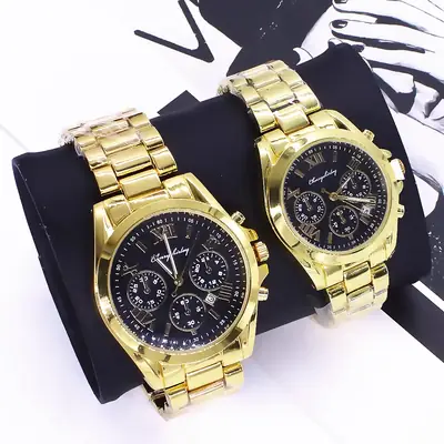 Gold Steel Wrist Watch Set for Couples