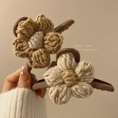 Wool Knitted Flower Hairpin for Women Autumn Winter