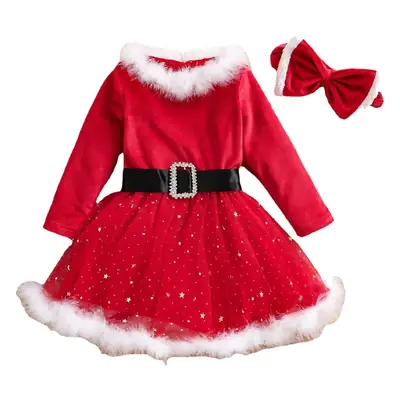 Red Christmas Dress for Girls with Bow & Fur Trim