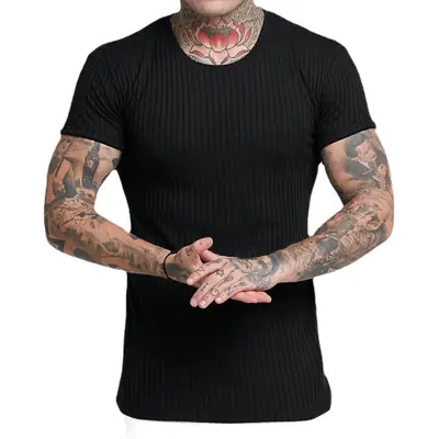 Men Blue Ribbed Short Sleeve Fitness T-Shirt Round Neck