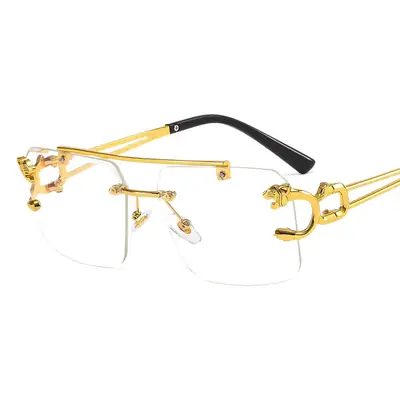 Men Women Leopard Head Sunglasses Gold Frame Transparent