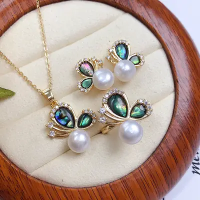 Freshwater Pearl Three-Piece Set with Butterfly Design