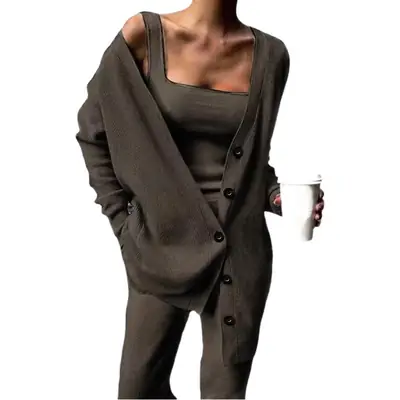 Knitted 3-Piece Women's Black Vest Pants Set