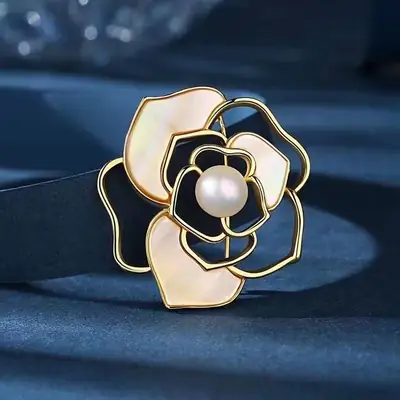 Natural Freshwater Pearl Camellia Brooch with Gold Plated Design