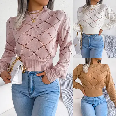 White Knitted Plaid Long Sleeve Navel Sweater for Women