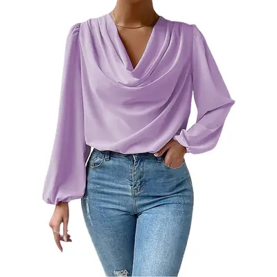 White Chiffon Long Sleeve V-Neck Top for Women