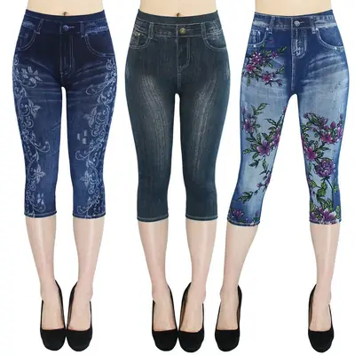 Women Floral Capri Jeans High Waist Slim Fit