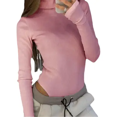 Women Knitted Turtleneck Shirt Long Sleeve Ribbed Green