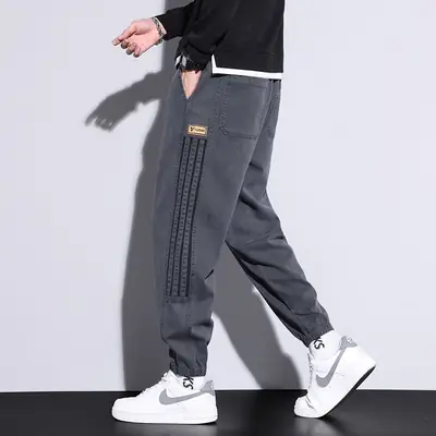 Men Casual Striped Leggings Grey Black Loose Fit