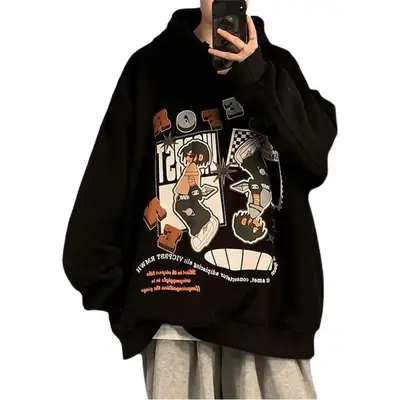 Men's Black Cartoon Hooded Sweatshirt Spring Autumn West Coast Fashion