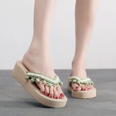 Summer New Imitation Hemp Rope Travel Women's Sandals Outer Wear Flip-Flops High Heel Beach Wedge Flip-Flops