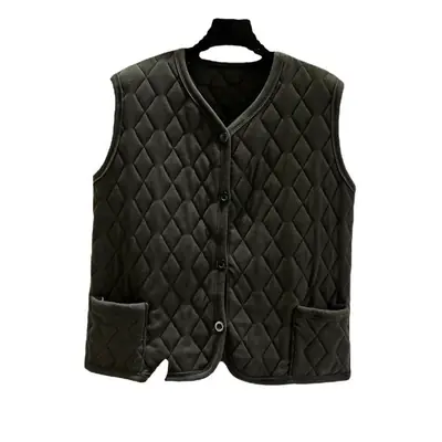 Korean Style Rhombus Pocket Vest Winter Multi Layer Thickened Gold Silk Cotton Vest Loose Outer Wear Plus Size Waistcoat