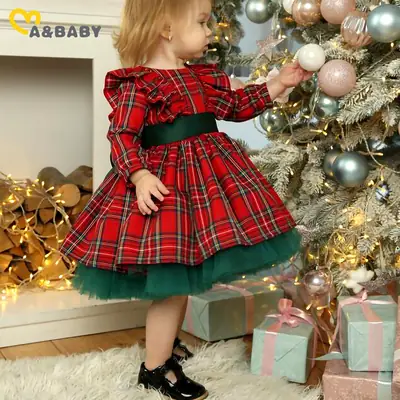 Girls Plaid Christmas Dress Long Sleeve Bow