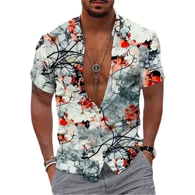 Men's Printed Hawaiian Summer Shirt Light Blue Leaf Pattern