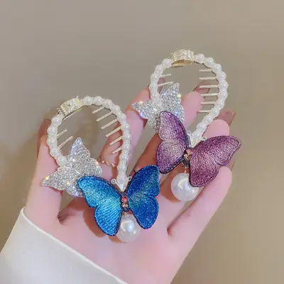 Pearl & Rhinestone Butterfly Hairpin for Women