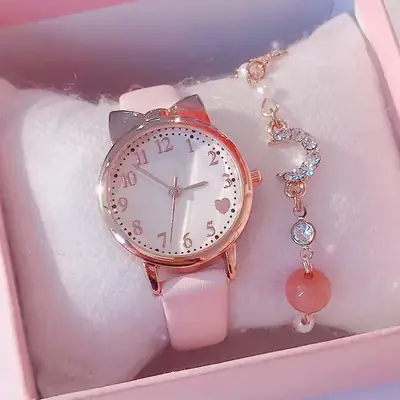 Cute Pink Heart Watch with Star Moon Bracelet Set