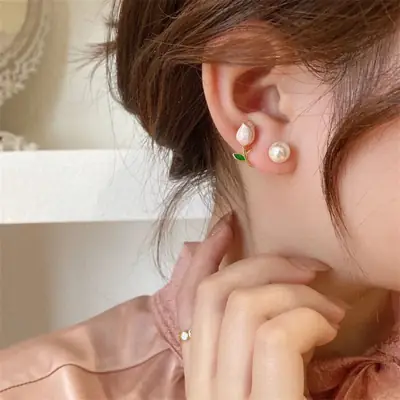 Painted Pink Tulip Pearl Earrings for Women