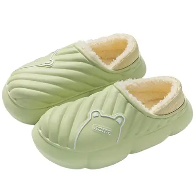 Women's Green Fleece Slippers Winter Warm Non-Slip