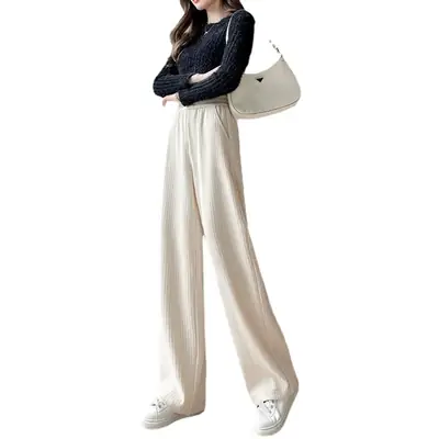 Women Velvet Chinenille Wide Leg Pants Black High Waist