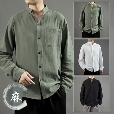 Men Linen Long Sleeve Shirt Green 2024