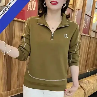 Women Olive Green Polo Shirt Long Sleeve Slim Fit