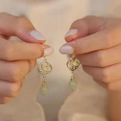 Plum Blossom Earrings 925 Silver Needle Hetian Jade Ear Hook Niche Design Retro Style Ear Stud Earrings