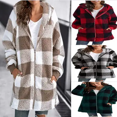 Plush Plaid Hooded Coat for Women Green Black 2022