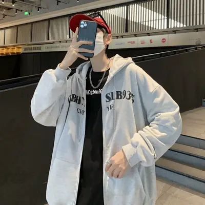 Men Grey Hooded Zipper Sweatshirt Spring Autumn 2025