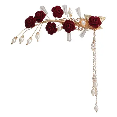 Red Rose Tassel Hairpin for Women Classical Cheongsam