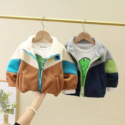 Boys' 2024 Polar Fleece Jacket Set Color Matching Warm Tops