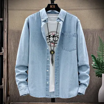 Men's Light Blue Denim Long Sleeve Shirt Casual Bottoming Youth Spring Fall Korean Style Slim Jacket