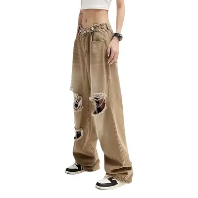 Plus Size Distressed Jeans Women High Street Wide Leg Pants