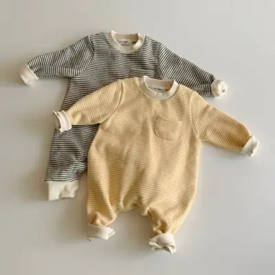 Baby Striped Fleece Lined Jumpsuit Winter Set