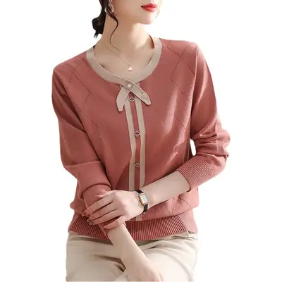 Elegant Striped Knit Shirt Brown Blue Yellow Middle Age