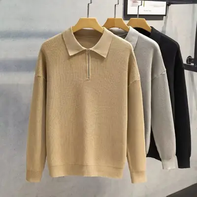 Men's Half Zipper Polo Sweater Autumn Winter Japanese Style
