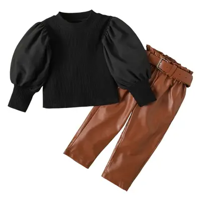 Girls Black Bubble Sleeve Top with Brown Leather Trousers Set