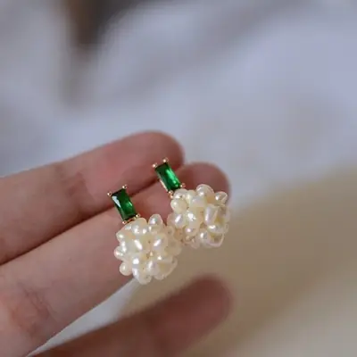 Freshwater Pearl Earrings for Women with Emerald Hydrangea Design