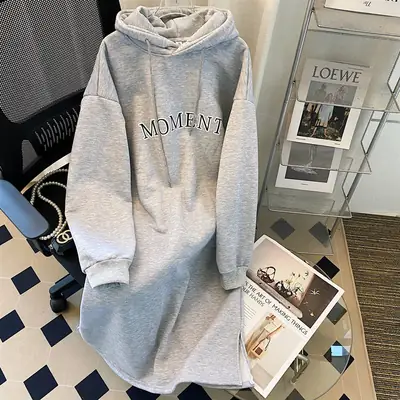 Women Korean Hooded Pullover Long Sweater Dress Grey