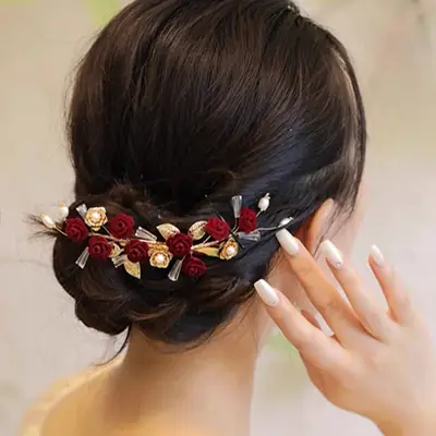 Vintage Red Rose Hairpin with Gold Leaf Design