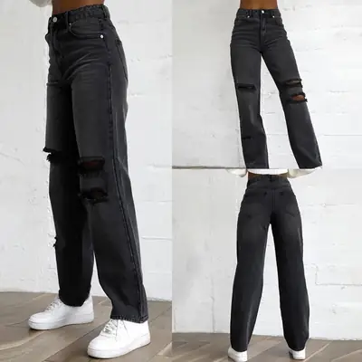 Black Ripped Denim Trousers for Women