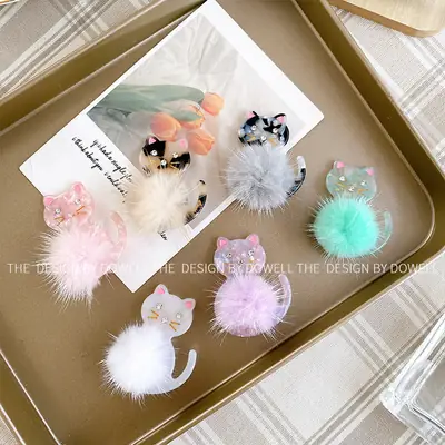 Cute Cat Acetate Hair Clips for Girls Plush Winter Accessories