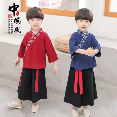 Children Hanfu Costume Cotton Suit Blue Red Black