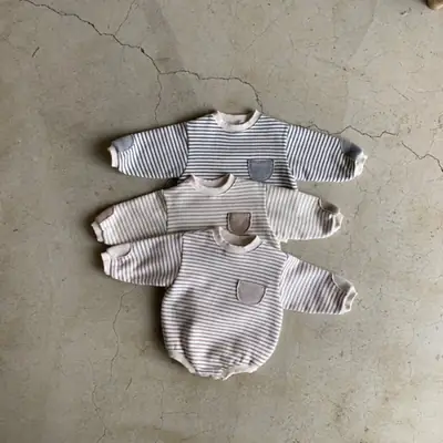 Korean Style Striped Baby Round Neck Bag Fart One-Piece Romper