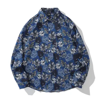 Long Sleeve Floral Shirt for Men Women Blue