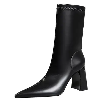 Women's Beige Leather Heel Boots with Block Height