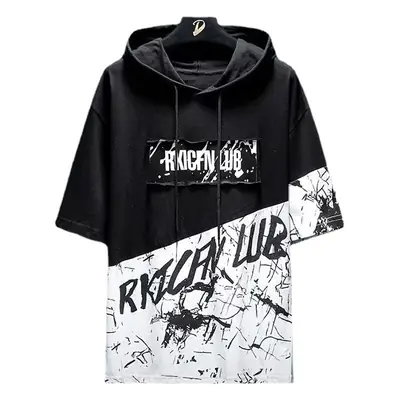 Men Hooded T-shirt Black White Hip-hop Print Casual